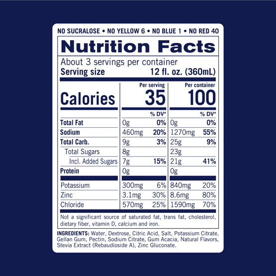 Nutrition facts for KinderLyte Lemonade. Contains 35 calories per 12oz serving. 