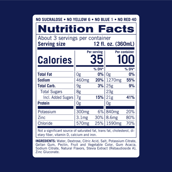 Nutrition facts for KinderLyte Fruit Punch. Contains 35 calories per 12oz serving. 