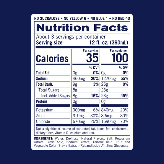 Nutrition facts for KinderLyte Grape. Contains 35 calories per 12oz serving. 