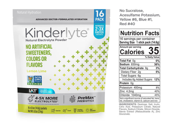 3D rendering of KinderLyte® 16ct Powder bag and Nutrition Facts against a plain background.