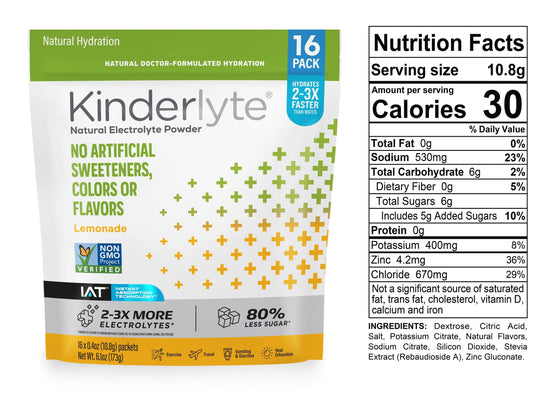 3D rendering of KinderLyte® 16ct Powder bag and Nutrition Facts against a plain background.